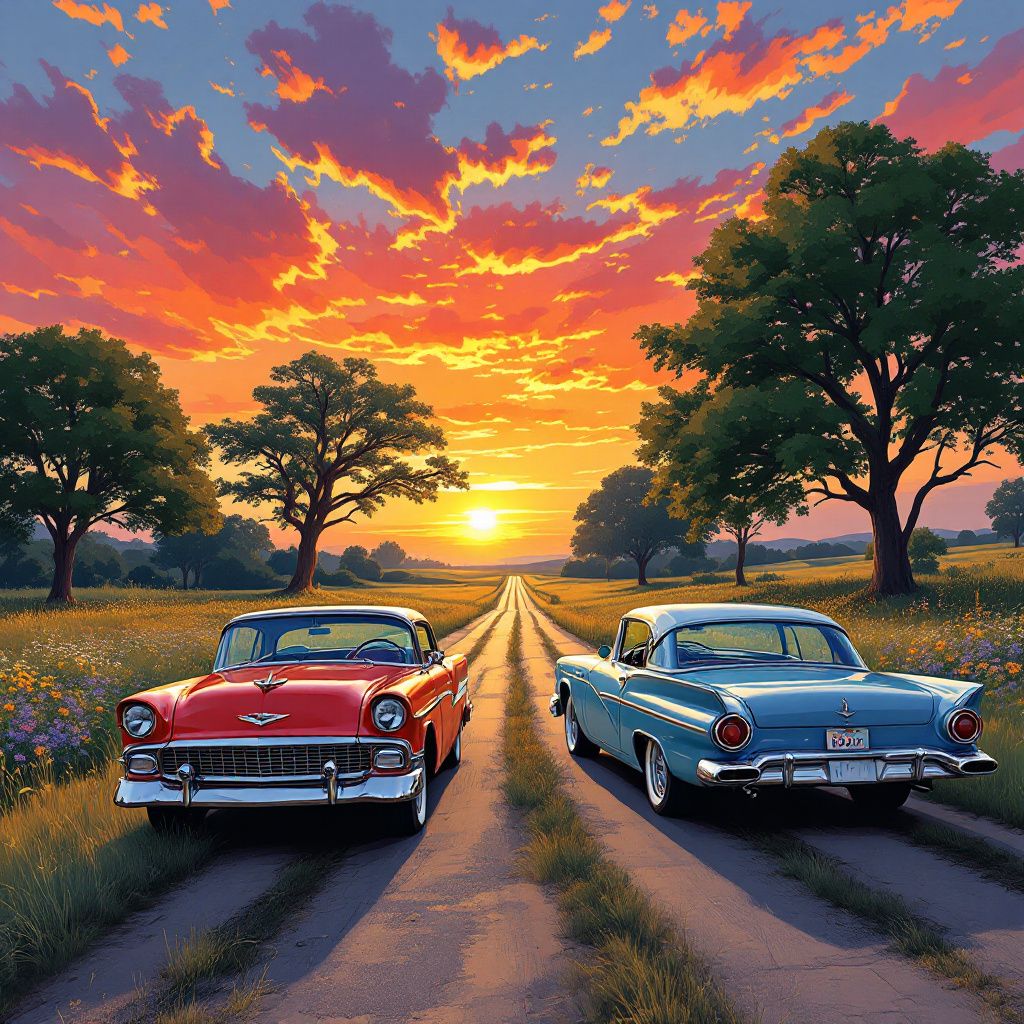 Americana AI Album Cover — A rustic American countryside road with vintage cars, in the style of Americana art, warm golden sunset lighting, vivid earthy tones, highly detailed, 8k resolution, cinematic composition.