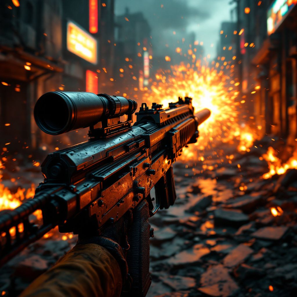 Techno AI Album Cover — A dynamic album cover featuring a close-up of a machine gun with flashing explosions in a dark, surreal urban landscape; vibrant neon colors contrasting against shadows, high-intensity lighting and motion blur, capturing the energy of techno, highly detailed, 8k resolution, cinematic atmosphere.