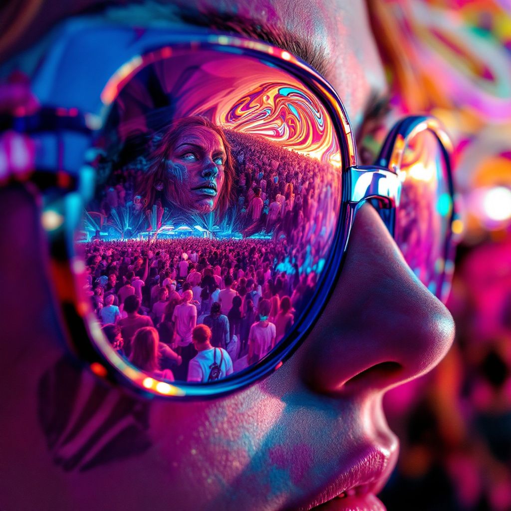 EDM AI Album Cover — Close-up of futuristic sunglasses reflecting a festival crowd, surreal and high quality, detailed reflections, hues of pink and blue, high contrast lighting