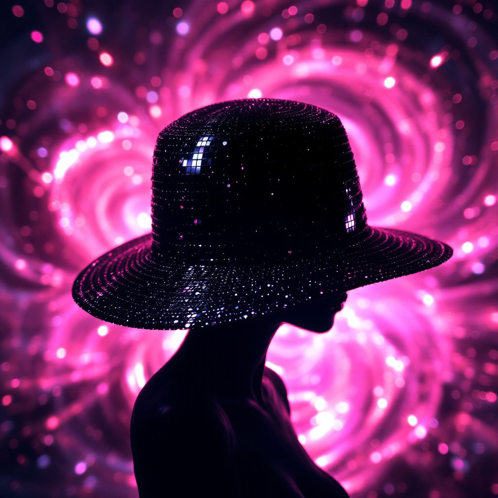 Disco AI Album Cover — silhouetted disco hat with vibrant patterns, psychedelic aesthetic, close-up angle, radiant pinks and silvers, fine detail, cosmic reflections, surreal feeling, professional quality, 8k