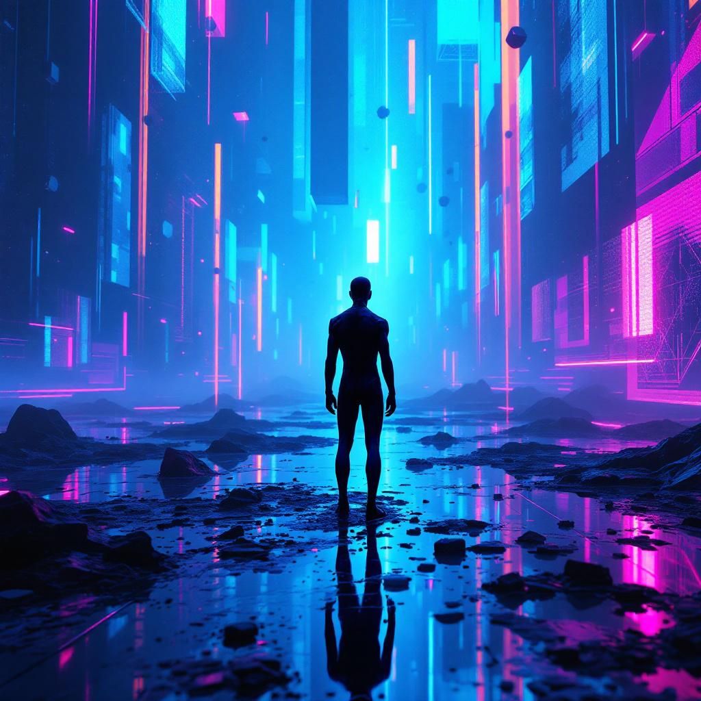 Techno AI Album Cover — A moody, surreal techno album cover titled 'rollback', featuring a lone figure in black attire standing on an infinite digital landscape, glitch effects and vibrant neon hues; cinematic lighting casting shadows, 8k resolution, highly detailed, evocative atmosphere
