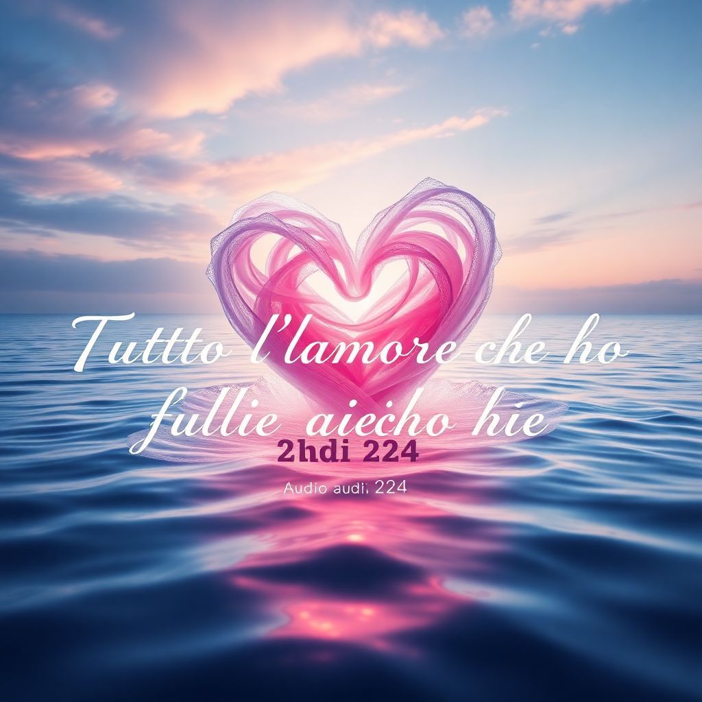 Pop AI Album Cover — A surreal, ethereal pop album cover featuring a vibrant heart shape, intertwined with shimmering waves in a calm harbor; the title "Tutto l'amore che ho" is elegantly integrated, soft pastel colors, dreamy lighting, highly detailed and photorealistic, 8k resolution.