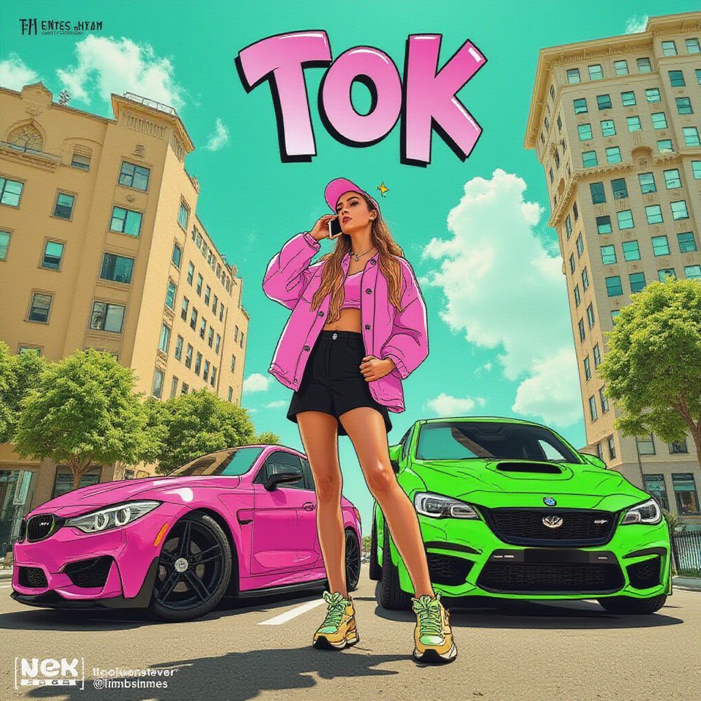Latin AI Album Cover — A whimsical album cover featuring a stylish lady taking a phone call amidst two cars, a TRX and a Trackhawk, illustrated in a hand-drawn style; vibrant colors with pinks and greens, cinematic lighting, half photo-realistic and half artistic illustration, relaxed yet gossiping vibe, 8k resolution, highly detailed with a warm and engaging atmosphere