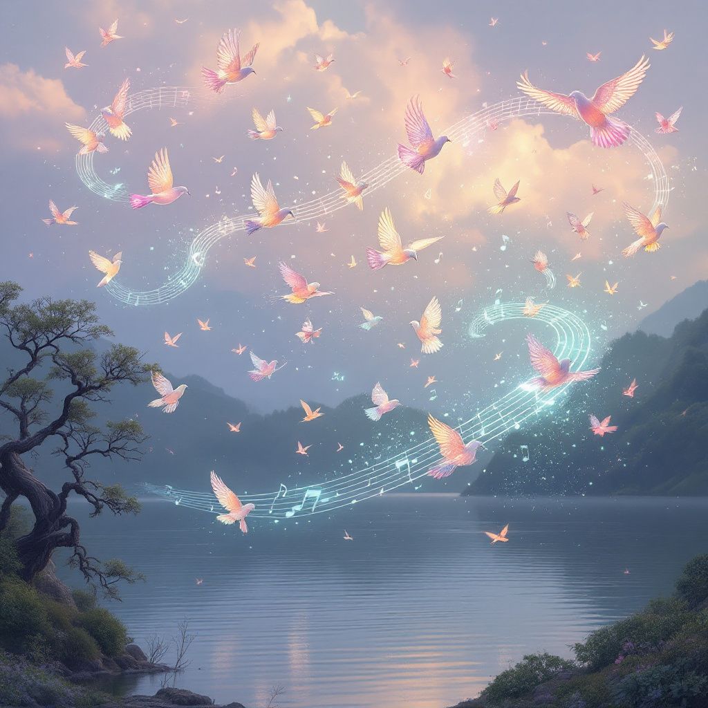 Folk AI Album Cover — A whimsical depiction of flying birds forming musical notes above a calm lake, pastel sky, abstract surrealism, dreamlike feel, luminescent ambience, highly detailed and professional quality