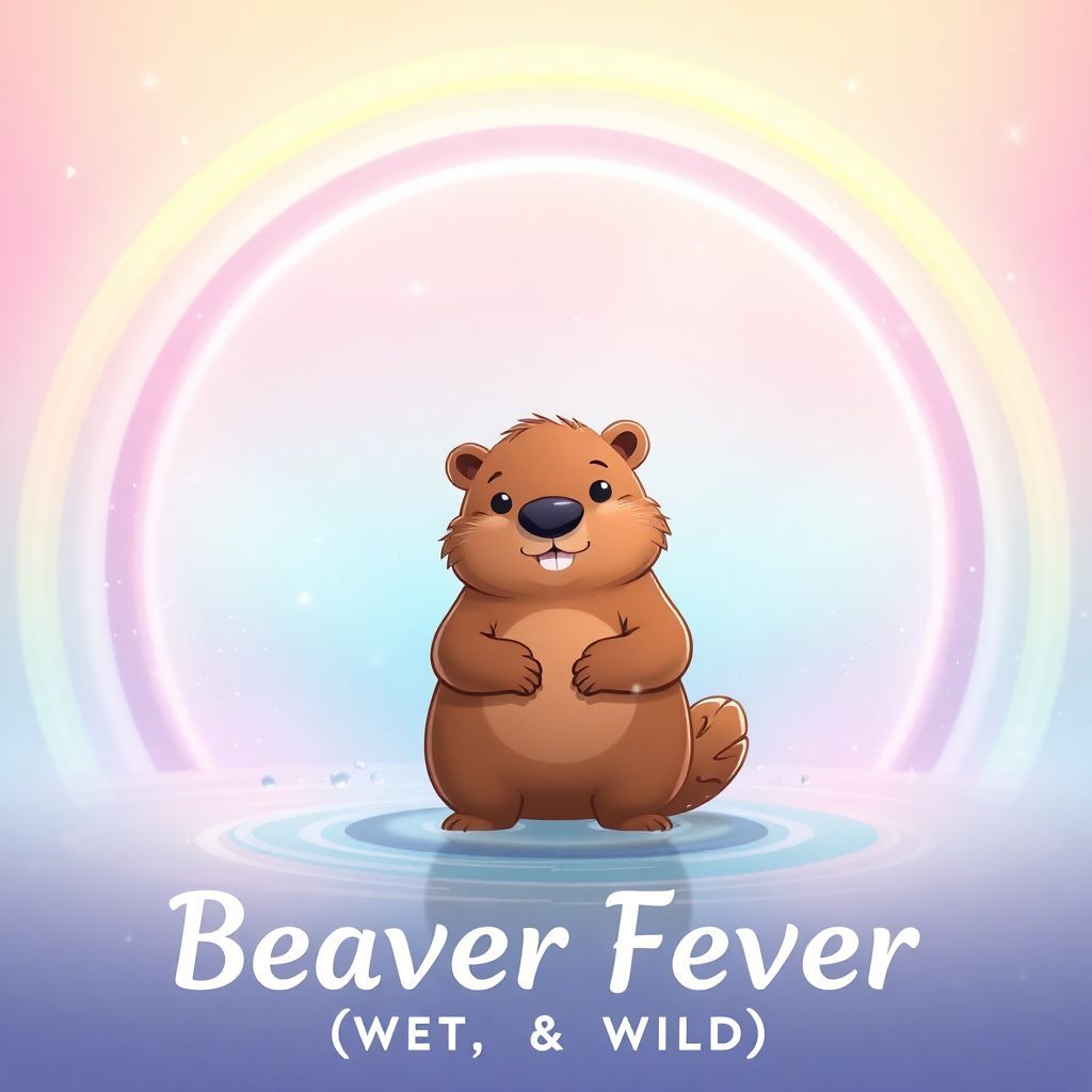 Synth-Pop AI Album Cover — An ethereal and dreamy music cover showcasing a cartoon beaver standing under a swirling rainbow arch, surrounded by sparkling water droplets; pastel colors and soft gradients, title "Beaver Fever (Wet & Wild)" elegantly incorporated into the design, surreal atmosphere, highly detailed, 8k resolution