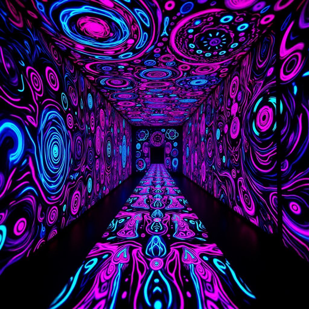 House AI Album Cover — A vibrant black light album cover for a house song titled 'Still-Here'; featuring an abstract, swirling pattern of neon colors, psychedelic visuals with glowing elements, ethereal lighting and a serene backdrop; highly detailed, meant to evoke a sense of euphoria and connection, 8k resolution.