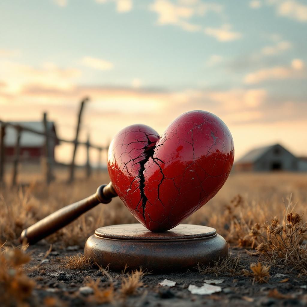 Americana AI Album Cover — A cinematic Americana album cover featuring a contrasting image of a gavel and a broken heart, set against a faded, rustic landscape; warm, earthy colors with soft pastels, low-key lighting accentuating the emotional depth, highly detailed, photorealistic style, 8k resolution, invoking feelings of loss and reflection.