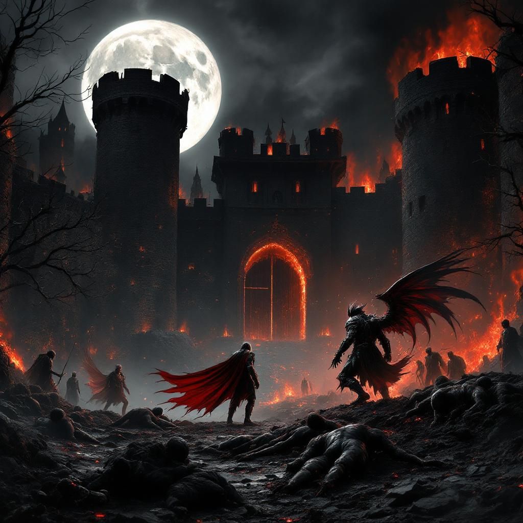 Metal AI Album Cover — A dark, dramatic scene featuring a burning black castle beneath a full moon; a demon in knight armor beheading an angel at the castle gates, surrounded by watching demons and humans, with a pile of corpses nearby. Rays of eerie moonlight illuminate the chaos, with surreal, dark colors of deep reds and blacks, highly detailed and photorealistic, capturing the essence of metal and horror in 8k resolution.