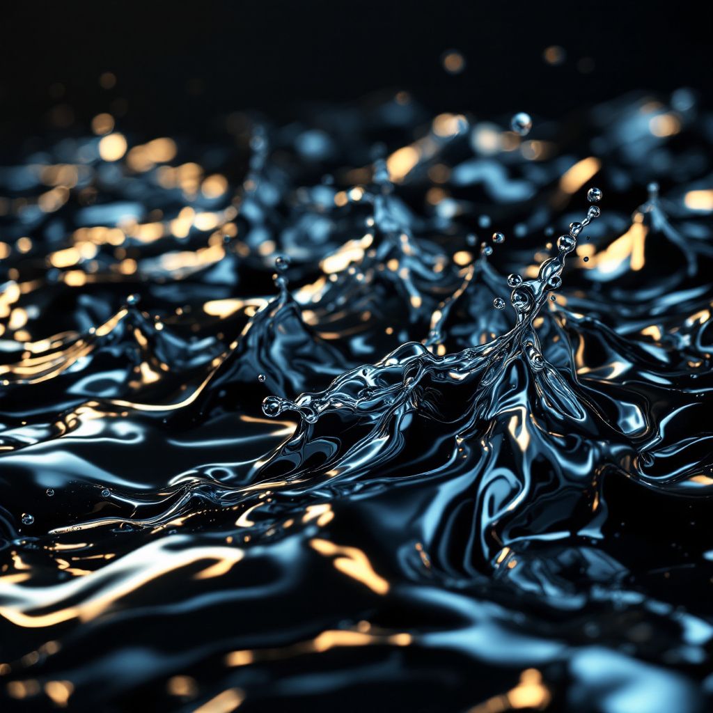 Dubstep AI Album Cover — An abstract representation of bass drops with liquid metal waves, in a photorealistic and cinematic style, dynamic medium shot, dark and moody lighting, metallic silvers and night blacks, high quality, immersive