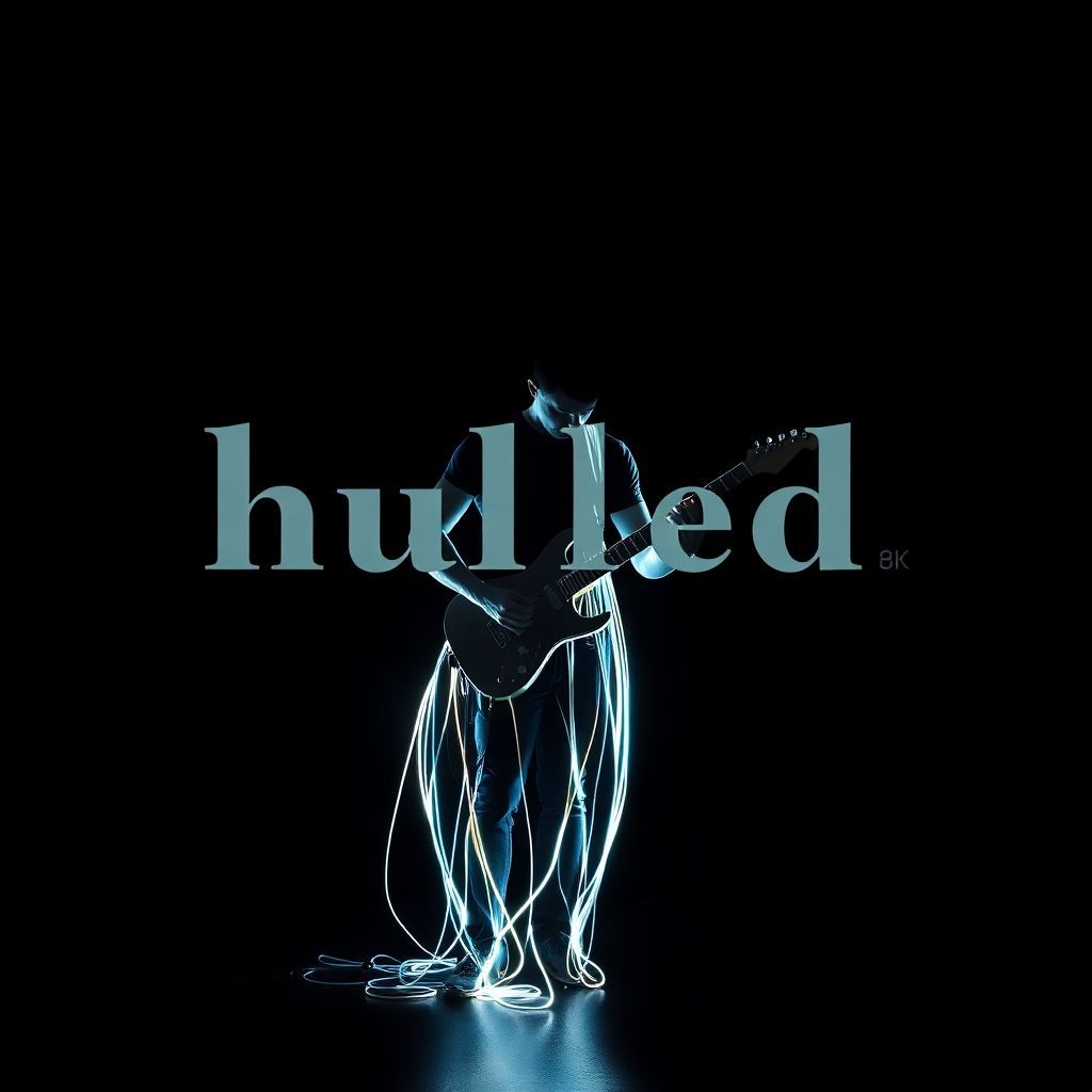 Indie AI Album Cover — An artistic interpretation of a lone guitarist, abstract cables flowing from his body into amplifiers, set against a deep black backdrop; emphasizing outlines and shadows, cinematic lighting creating a moody atmosphere, integrated title "hulled by Saltwire" in stylish font, surreal quality, 8k resolution