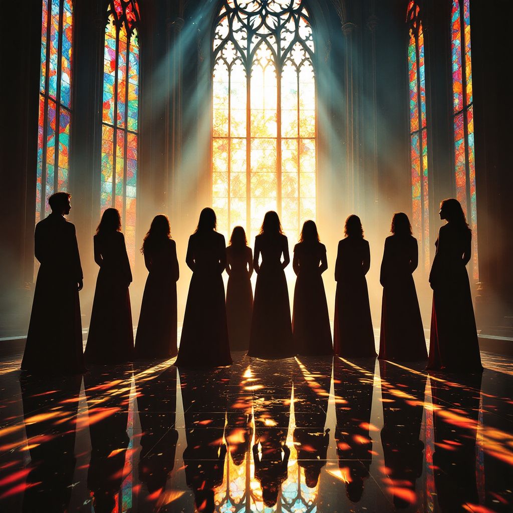 Gospel AI Album Cover — Silhouette choir singing with vibrant stained glass backdrop, surreal and dreamy, colorful reflections, harmonious lighting, warm oranges and reds, professional and photorealistic