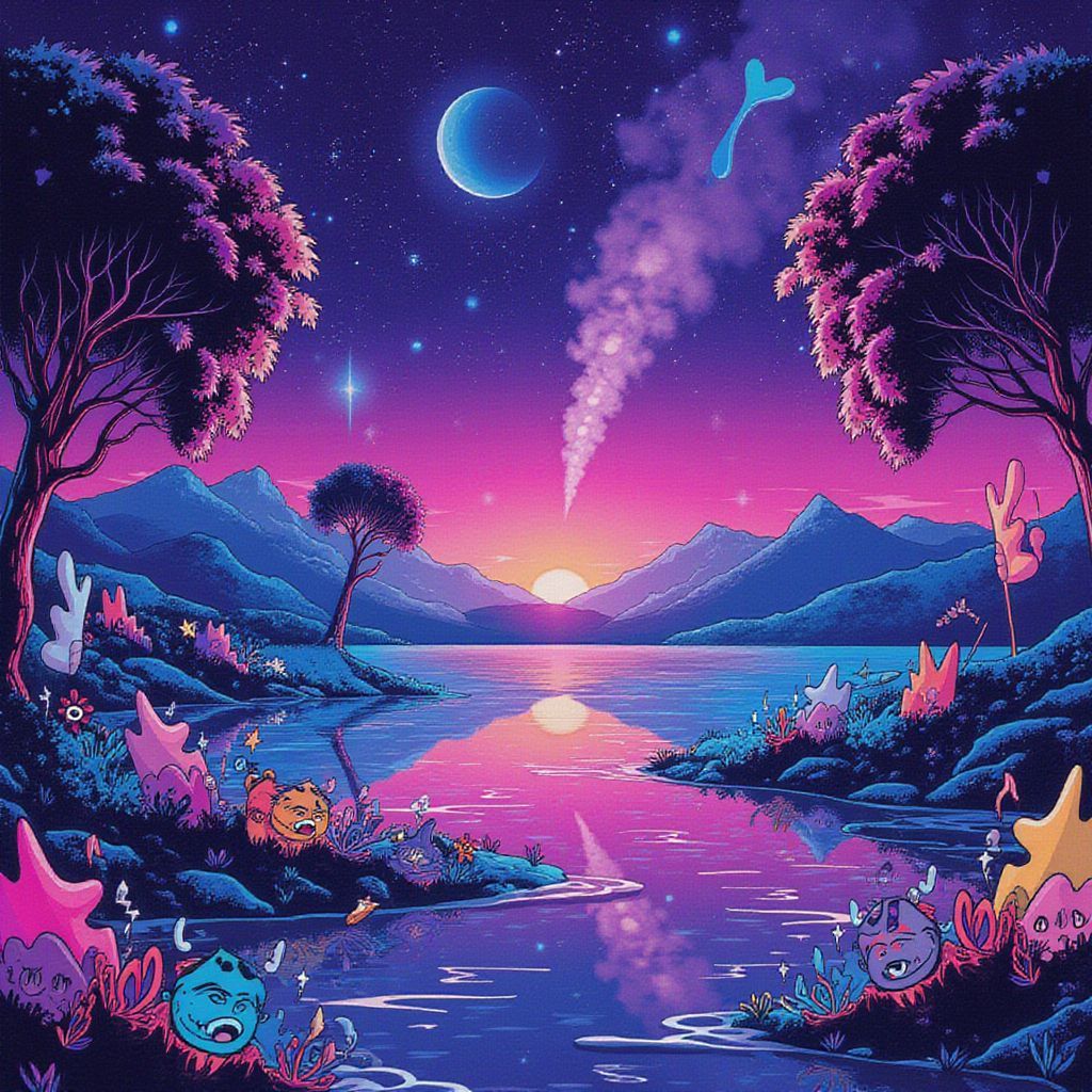 Electronic AI Album Cover — A surreal album cover depicting a dreamy electronic landscape merging half photo and half illustration; vibrant colors with swirling lights and abstract figures floating in an ethereal background; focusing on themes of movement and sound, 8k resolution, highly detailed, dynamic atmosphere