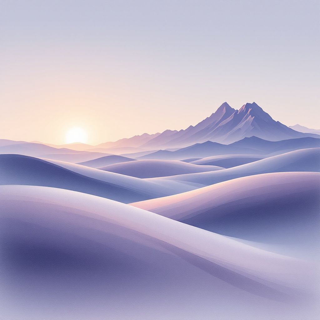 Folk AI Album Cover — A poetic watercolor landscape featuring rolling hills and distant mountains at dusk, nuanced purple and blue hues, minimalist approach, gentle transitions and soft focuses, highly detailed, evokes tranquility and introspection