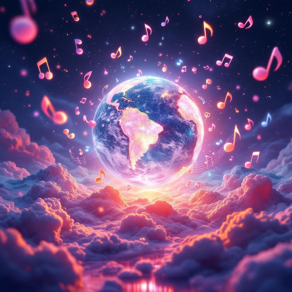 Pop AI Album Cover — A vibrant pop album cover featuring a globe surrounded by colorful musical notes and whimsical, abstract shapes; surreal style with dreamy lighting and a pastel color palette, showcasing travel and adventure, 8k resolution, highly detailed, professional quality
