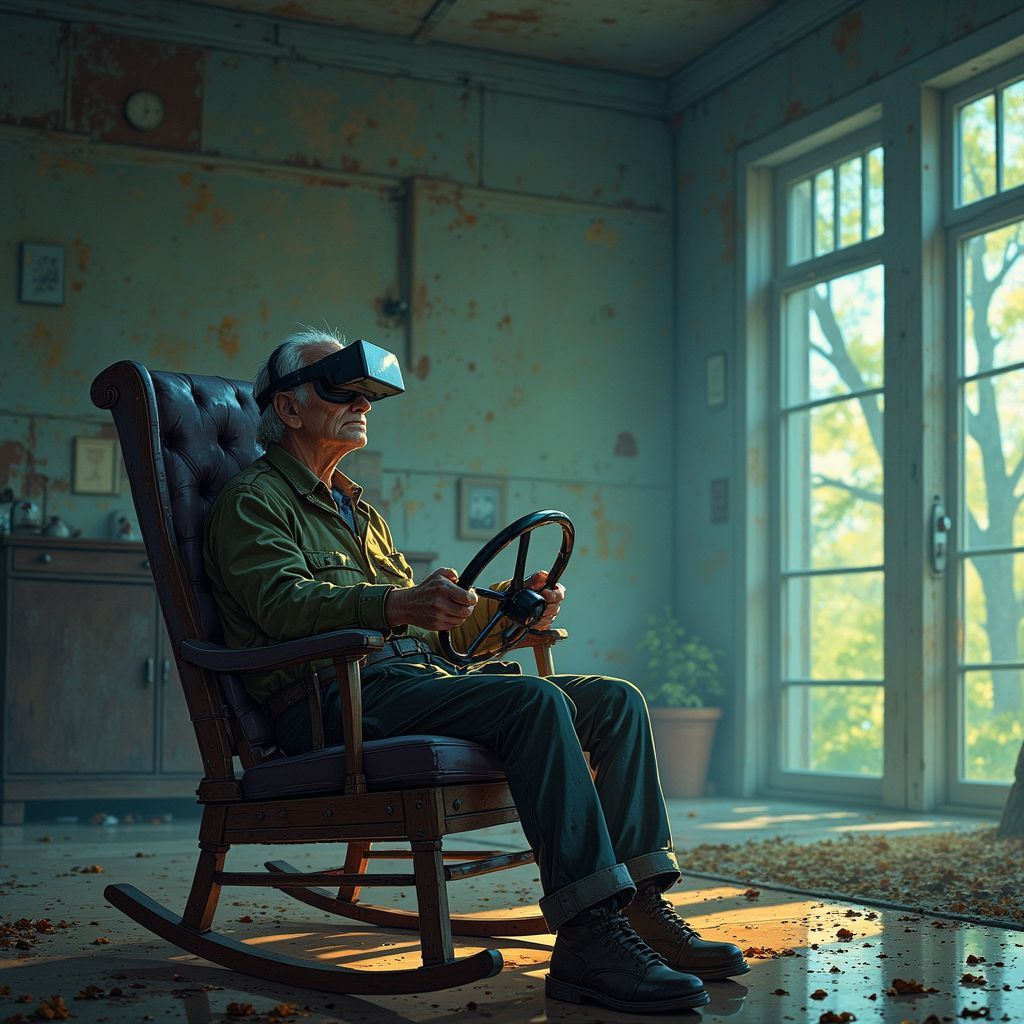Indie AI Album Cover — A Ghibsky-style album cover featuring an old man in a rocking chair, unable to walk, legs draped in plaid; wearing a VR headset and gripping a steering wheel, minimalistic background emphasizing isolation, subdued colors with vibrant hints creating contrast between reality and imagination, introspective mood, ethereal atmosphere, highly detailed, 8K resolution