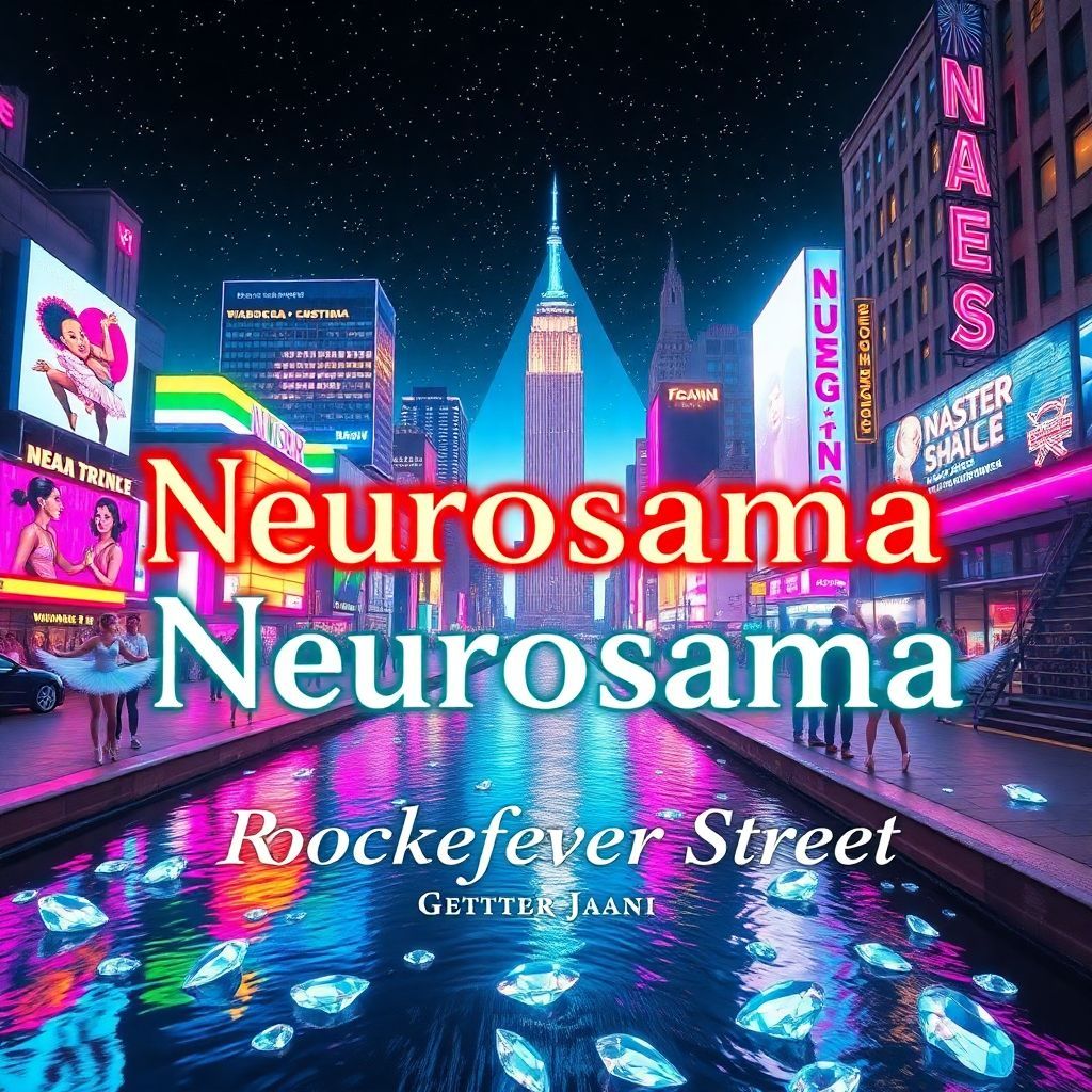 Soundtrack AI Album Cover — A surreal album cover titled "Neurosama Sings Rockefeller Street", featuring vibrant city lights and ballerinas dancing under a starry sky; photorealistic rendering, neon colors reflecting off a riverscape of diamonds, with integrated title in an elegant font, dreamlike atmosphere, highly detailed, 8k resolution