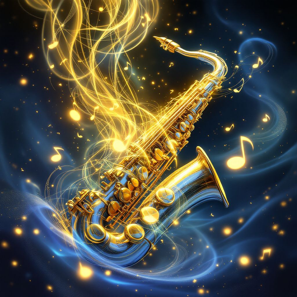 Jazz AI Album Cover — A surreal depiction of a saxophone with flowing music notes made of light, psychedelic feel, bright yellow and blue hues, ultra-detailed, 8k resolution, vibrant and engaging