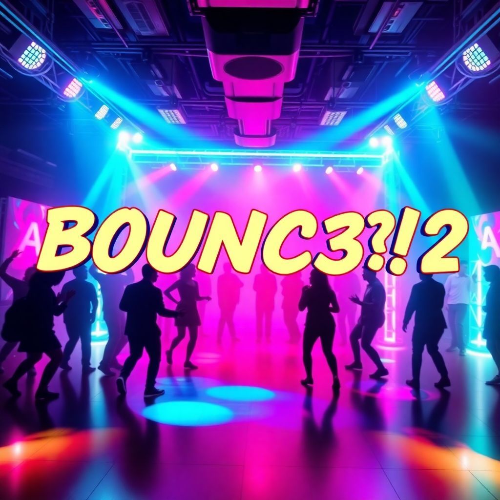 House AI Album Cover — A vibrant and energetic house music album cover featuring a dynamic dance floor scene, glowing neon lights, and silhouettes of dancers; the title "B0UNC3! 2" integrated into the design with bold, playful typography; a colorful palette of electric blues, pinks, and yellows, highly detailed and photorealistic, 8k resolution, capturing the lively atmosphere of a club night