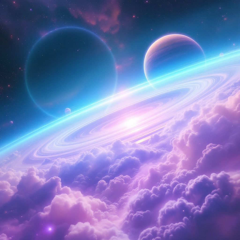 Synth-Pop AI Album Cover — Synthwave planet with rings of light, in a psychedelic cosmic style, ethereal colors, mysterious mood, highly detailed, 8k quality