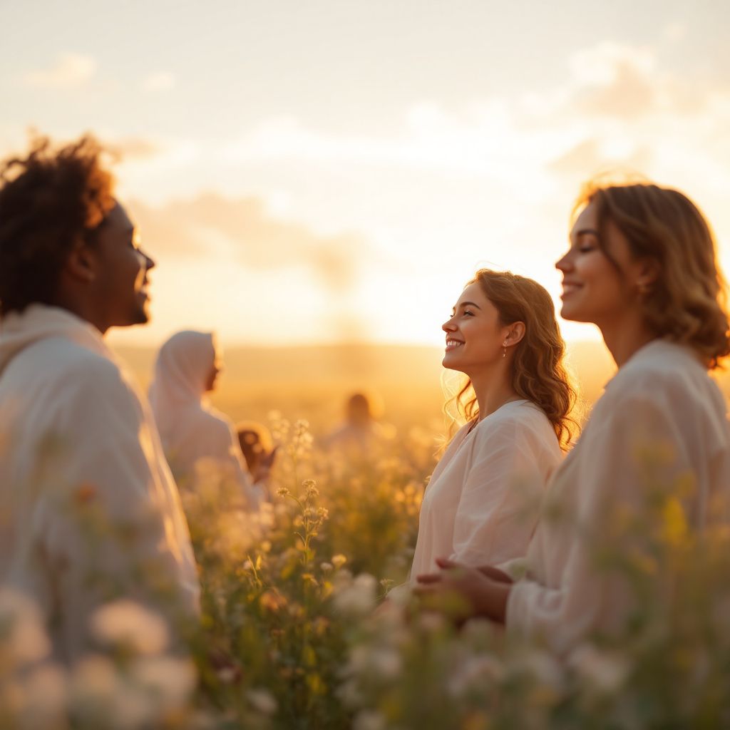 Gospel AI Album Cover — Gospel choir on a sunny hill, vibrant landscape, earthy tones of green and brown, joyous and exuberant atmosphere, sunlight filtering through, photorealistic and masterpiece quality