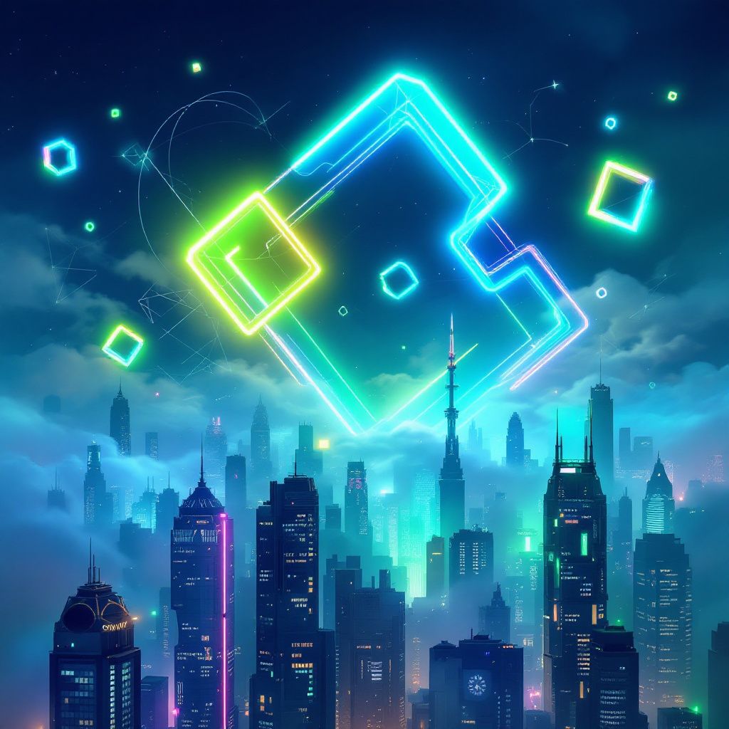 Synth-Pop AI Album Cover — Floating neon geometric shapes over a futuristic cityscape, abstract style, with fog effects, mystical atmosphere, in blue and green shades, professional quality, 8k resolution