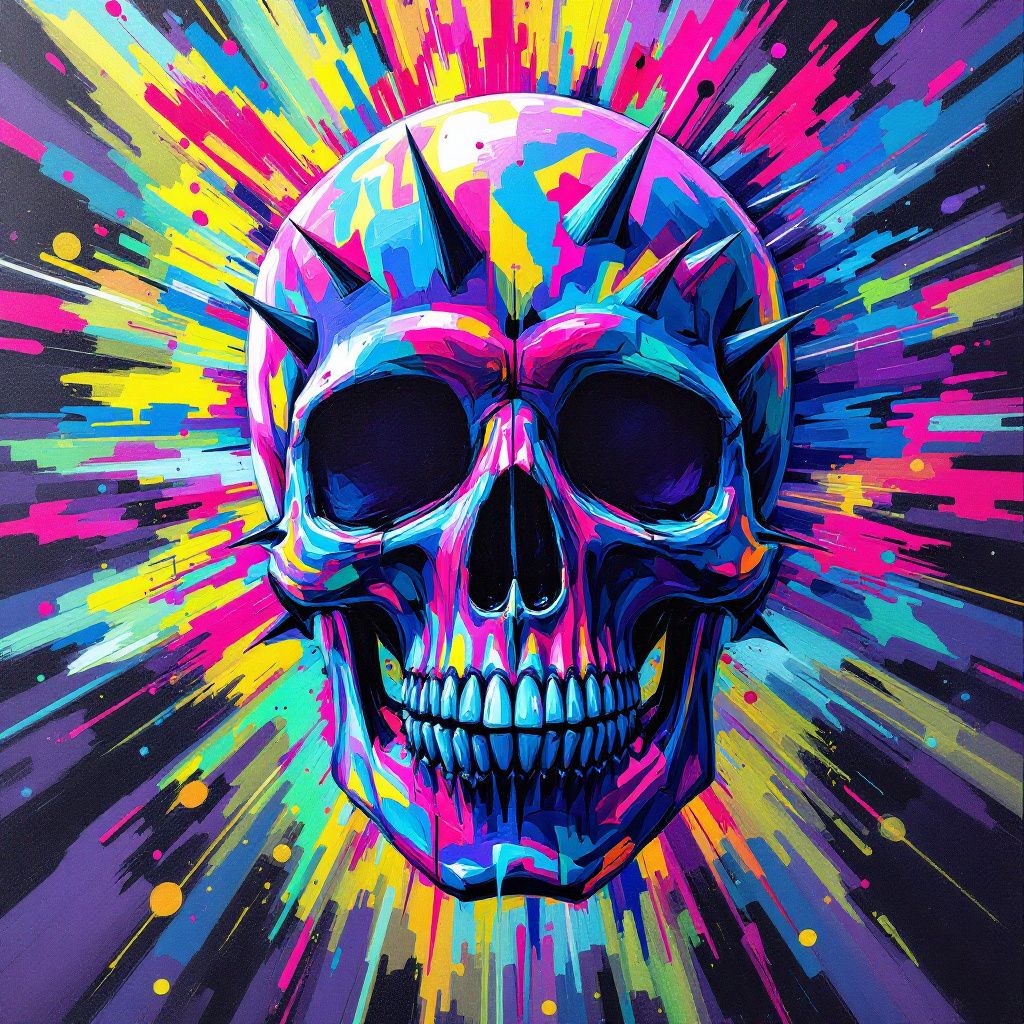 Punk AI Album Cover — Abstract punk skull graffiti, sharp edges, bold strokes, psychedelic colors, radiant lighting, vibrant and highly detailed, professional quality
