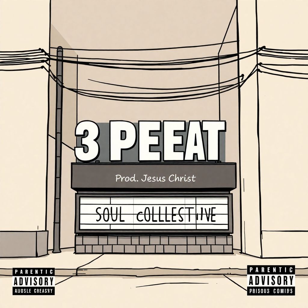 Rap AI Album Cover — A graphic novel style music album cover featuring clean line art and smooth shading; a neutral-toned urban scene with a bold sign reading '3PEAT' and the subtitle 'Soul Collective'; soft and moody lighting with dramatic shadows; minimalist composition, muted beige, grey, and black color palette; high detail with cinematic feel, include text 'Prod. Jesus Christ' and a small Parental Advisory; 4K resolution, professional and polished design.