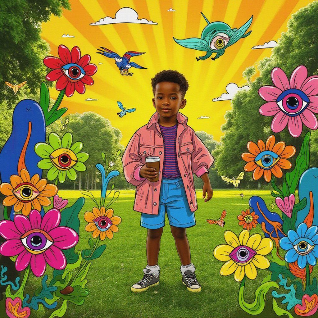 Afrobeat AI Album Cover — A vibrant afrobeat album cover featuring a young kid surrounded by colorful illustrations of dreams and desires, half-photograph and half-hand-drawn imagery; warm, golden hues blending with rich greens and blues, bright sunlight illuminating the scene, highly detailed and whimsical style, 8k resolution