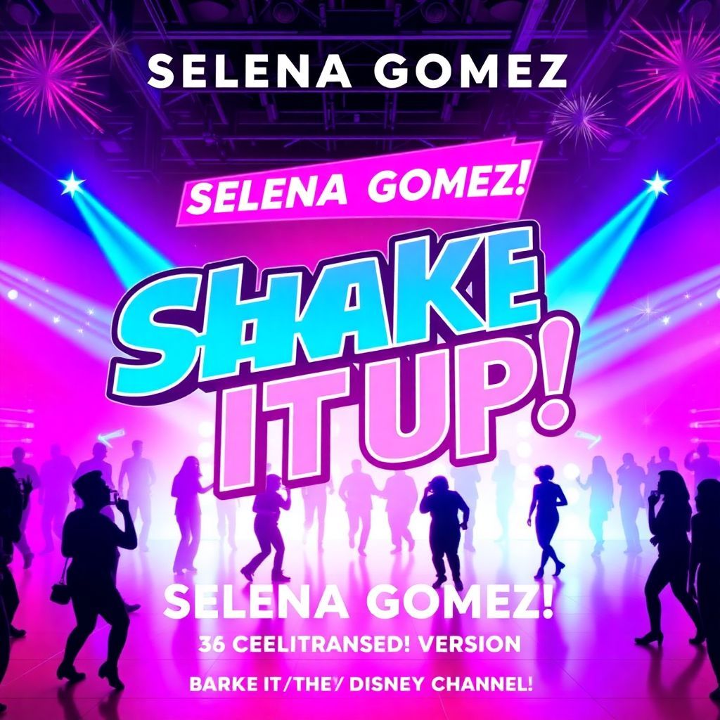 Electronic AI Album Cover — An energetic electronic album cover featuring the title "Shake It Up!" in bold, vibrant fonts, surrounded by dynamic abstract shapes and colorful light bursts; a lively dance floor scene with silhouettes of people dancing, neon color palette of pinks and blues, highly detailed, 8k resolution, with a club-like atmosphere and a celebratory feel