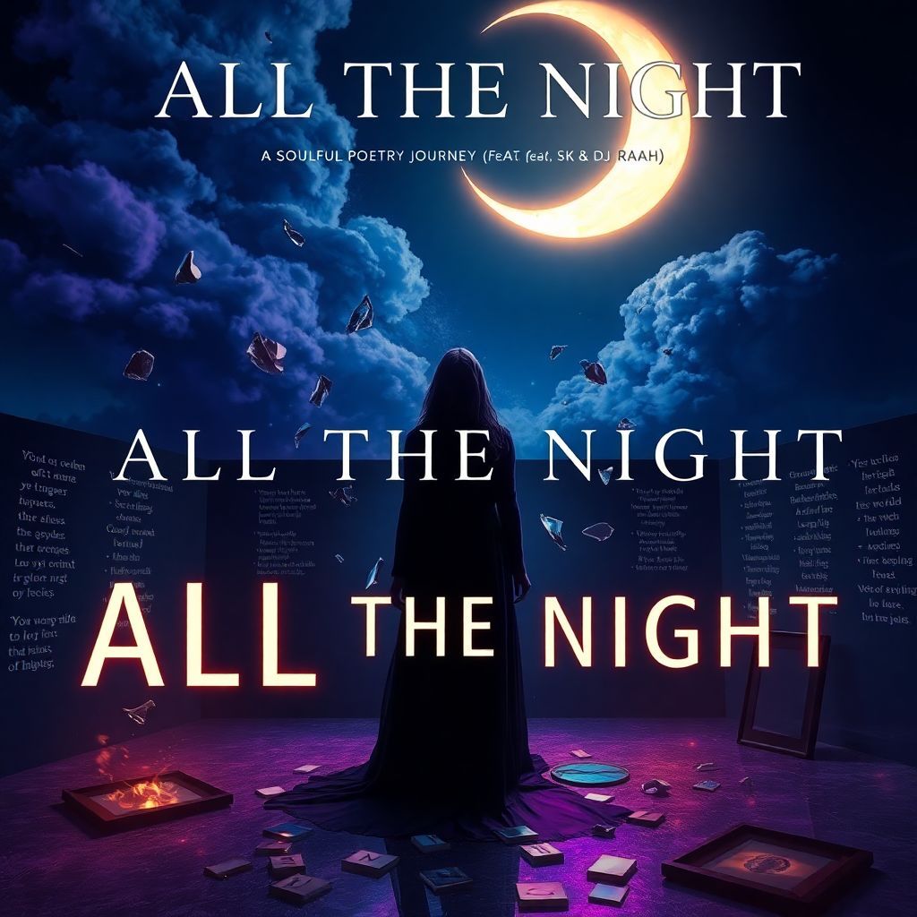 Soul AI Album Cover — A surreal nightscape featuring a mysterious female figure (Sahiba) under a glowing crescent moon, her face hidden in shadows; shattered glass pieces float around her with neon drip colors, swirling storm cloud above, broken mirror on the ground, burnt letters scattering; illuminated verses on walls, broken frames at her feet; color palette of midnight blue, violet, and soft golden hues; elegant serif font at the top with title "ALL THE NIGHT — A Soulful Poetry Journey by Sahiba (feat. SK & DJ Raah)"; ethereal, dreamy atmosphere, highly detailed, 8k resolution