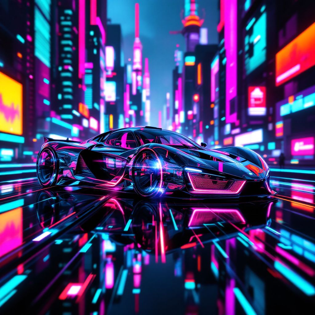 Synth-Pop AI Album Cover — A digital skyline reflected in a glossy synthwave car, in an abstract style, with bright neon lines, cinematic atmosphere, magenta and teal hues, photorealistic, 8k quality