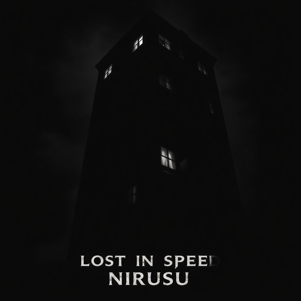 Techno AI Album Cover — A haunting black-and-white album cover featuring a towering shadowy building with dimly lit windows, gothic elements, flickering reflections, and urban decay; the title "Lost In Speed" in gritty, distressed font at the bottom contrasting with the dark background, emphasizing vertical lines to evoke themes of isolation and struggle, moody atmosphere, highly detailed, 8k resolution