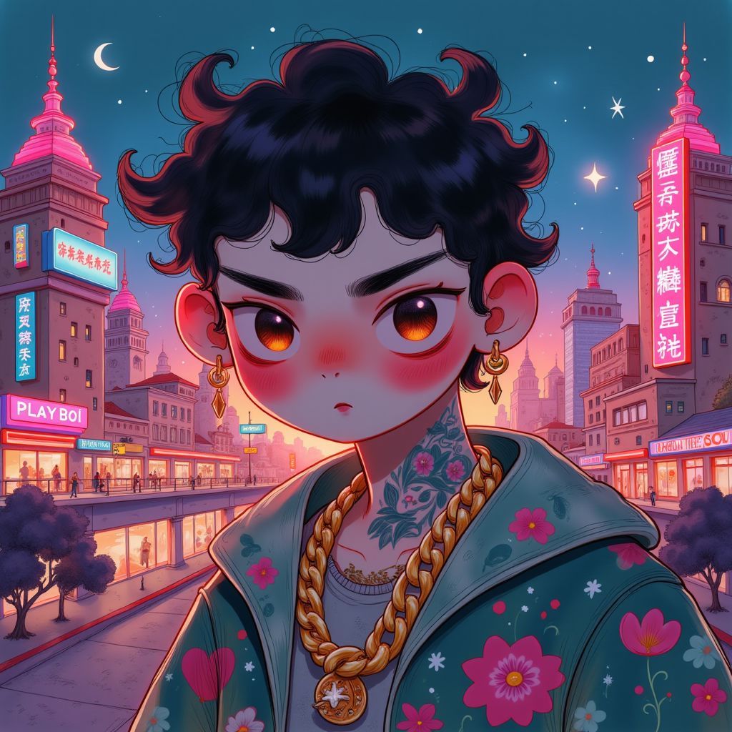 Rap AI Album Cover — A surreal album cover featuring a young man with colorful tattoos, oversized gold chains, and a vibrant city skyline in the background, in the style of old Playboi Carti; the scene infused with neon lights and graffiti art, deep shadows contrasting with bright colors, highly detailed, 8k resolution, energetic and rebellious atmosphere