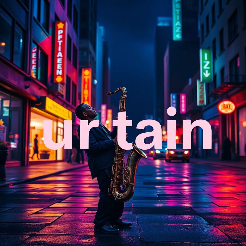 Jazz AI Album Cover — A vibrant jazz album cover featuring a saxophonist in an urban city at night, neon lights reflecting off wet pavement, with clear typography of the title "urtain" integrated into the scene; moody atmosphere, rich color palette of blues and purples, highly detailed, 8k resolution