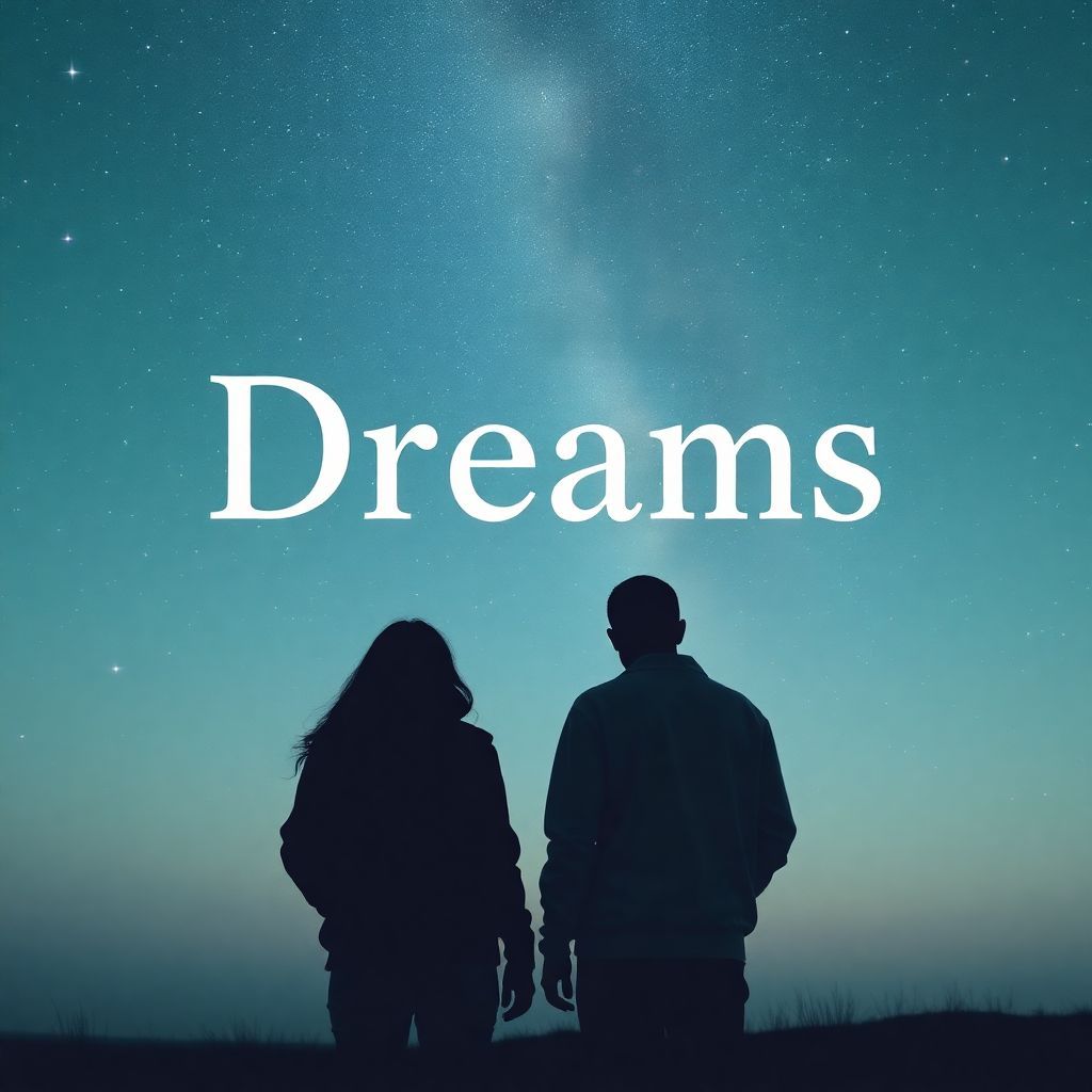 Trance AI Album Cover — A minimalist album cover titled "Dreams", featuring two friends standing together under a surreal starry sky; green, blue, and gray color palette, ethereal lighting with soft glows and reflections; clear, integrated title typography, high quality, dreamy atmosphere, 8k resolution.