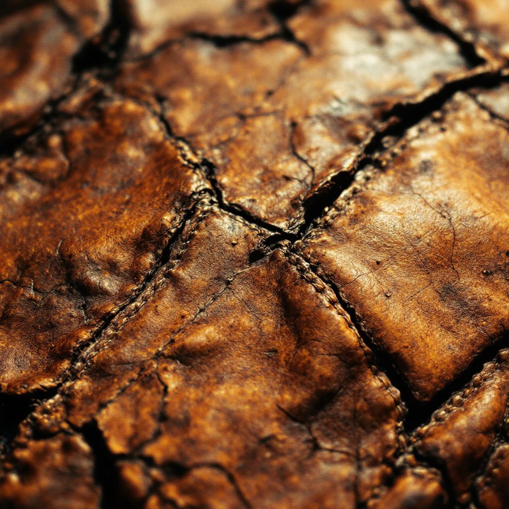 Grunge AI Album Cover — Close-up of a distressed leather jacket, grunge texture, detailed stitching, warm amber and brown hues, cinematic shadows, highly detailed, 8k resolution