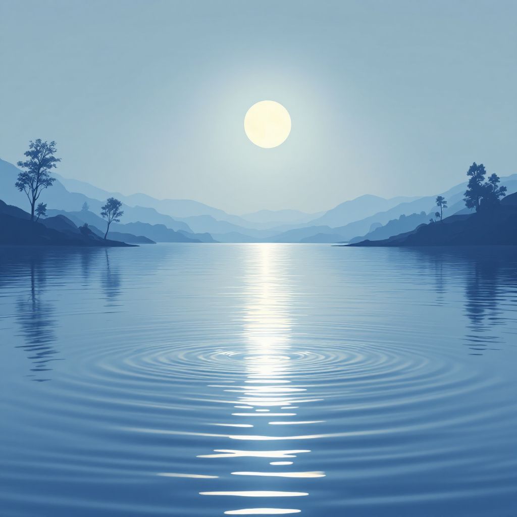 Blues AI Album Cover — A tranquil river scene with a reflection of a full moon, ethereal and serene, minimalist style, soft blues and silvers, highly detailed water ripples, photorealistic 8k