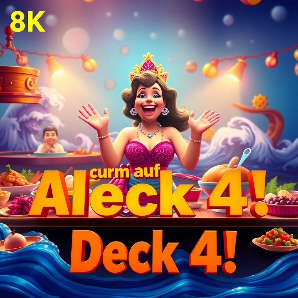 Dance AI Album Cover — A vibrant dance album cover featuring Ramona, the queen of the buffet, animated in a whimsical, surreal style, surrounded by colorful dishes and ocean waves; the title "Alarm auf Deck 4!" integrated into the scene with bold, playful typography; warm lighting, dynamic colors, and a lively atmosphere, 8k resolution, highly detailed and captivating.