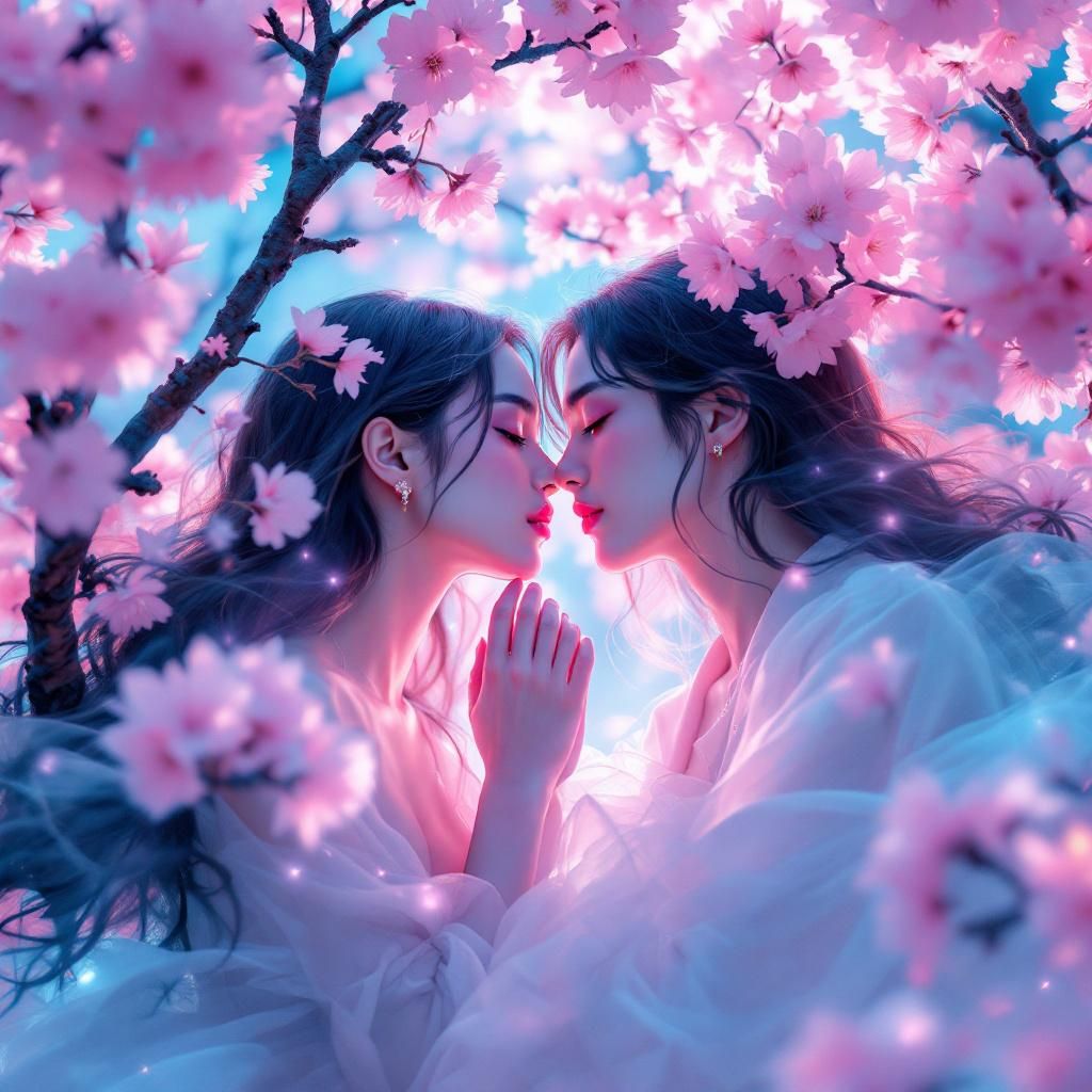 K-Pop AI Album Cover — A vibrant K-pop album cover for 'Love Language', featuring two dreamy figures intertwined amidst colorful cherry blossoms; surreal and ethereal visual style, bright pinks and blues, soft glowing light, highly detailed, 8k resolution, romantic and whimsical atmosphere