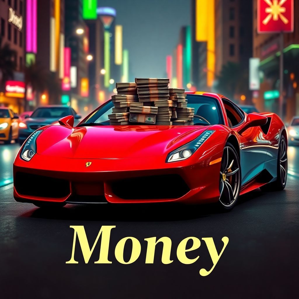 Afrobeat AI Album Cover — A vibrant afrobeat album cover featuring a sleek red Ferrari adorned with stacks of money on its hood, surrounded by colorful city lights; photorealistic style, rich golds and greens contrasting with the red car, cinematic lighting creating an energized atmosphere, clear text stating the title "Money" integrated stylishly in the foreground, 8K resolution, eye-catching and lavish design.