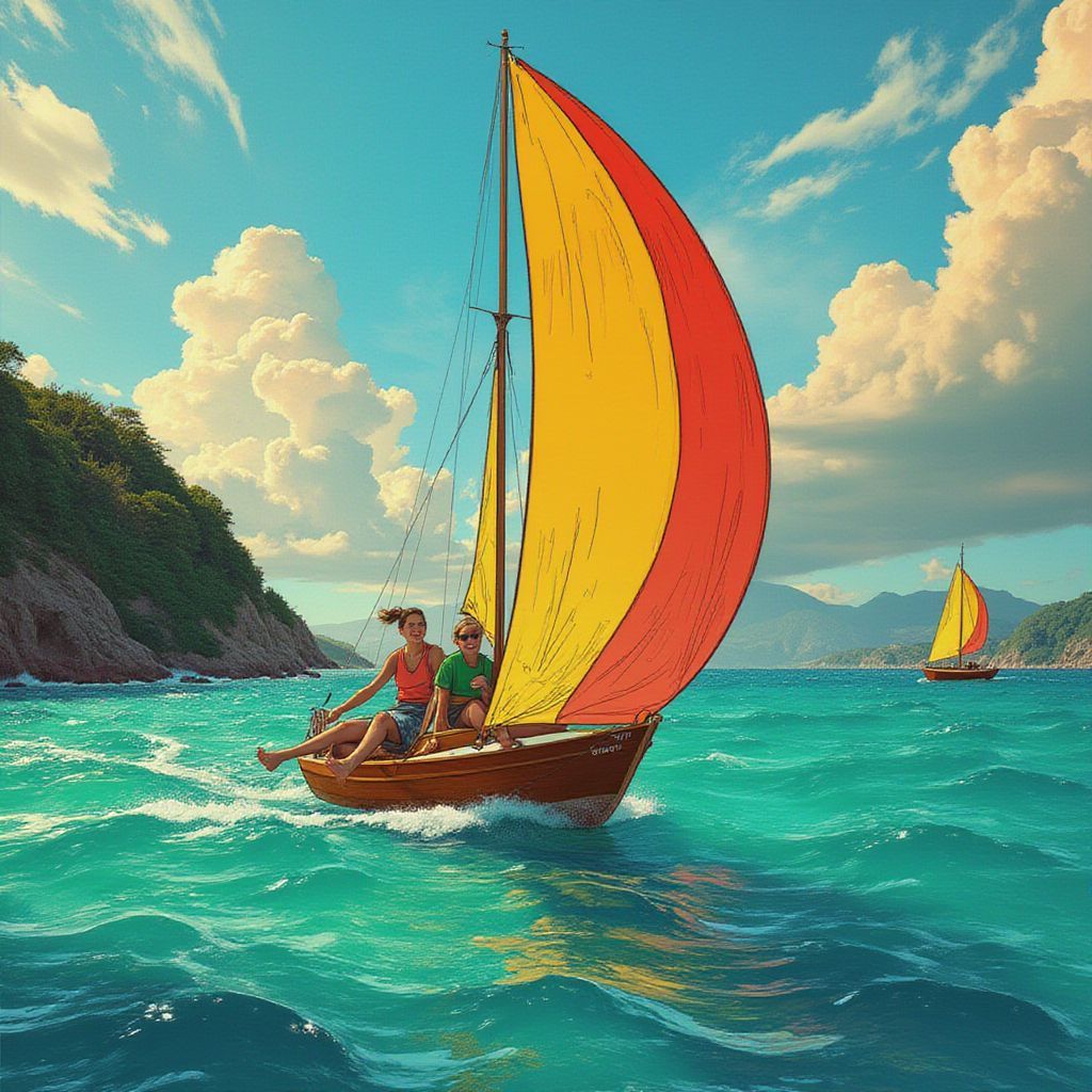Chillout AI Album Cover — An illustrated album cover for 'THE ANGST', featuring Sam and Sue sailing on a vibrant turquoise sea, half photo-realistic and half hand-drawn style; storm clouds in the distance with golden sunset tones illuminating their joyful expressions; dreamy and adventurous atmosphere, 8k resolution, highly detailed, vivid colors, evoking freedom and warmth
