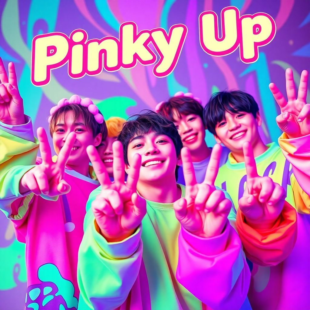 K-Pop AI Album Cover — A vibrant K-pop album cover titled "Pinky Up" featuring playful, colorful characters in dynamic poses with pinky fingers raised; psychedelic style, glowing neon colors, abstract patterns, whimsical atmosphere, close-up composition, highly detailed and lively; energetic and youthful mood, 8k resolution, joyful vibe