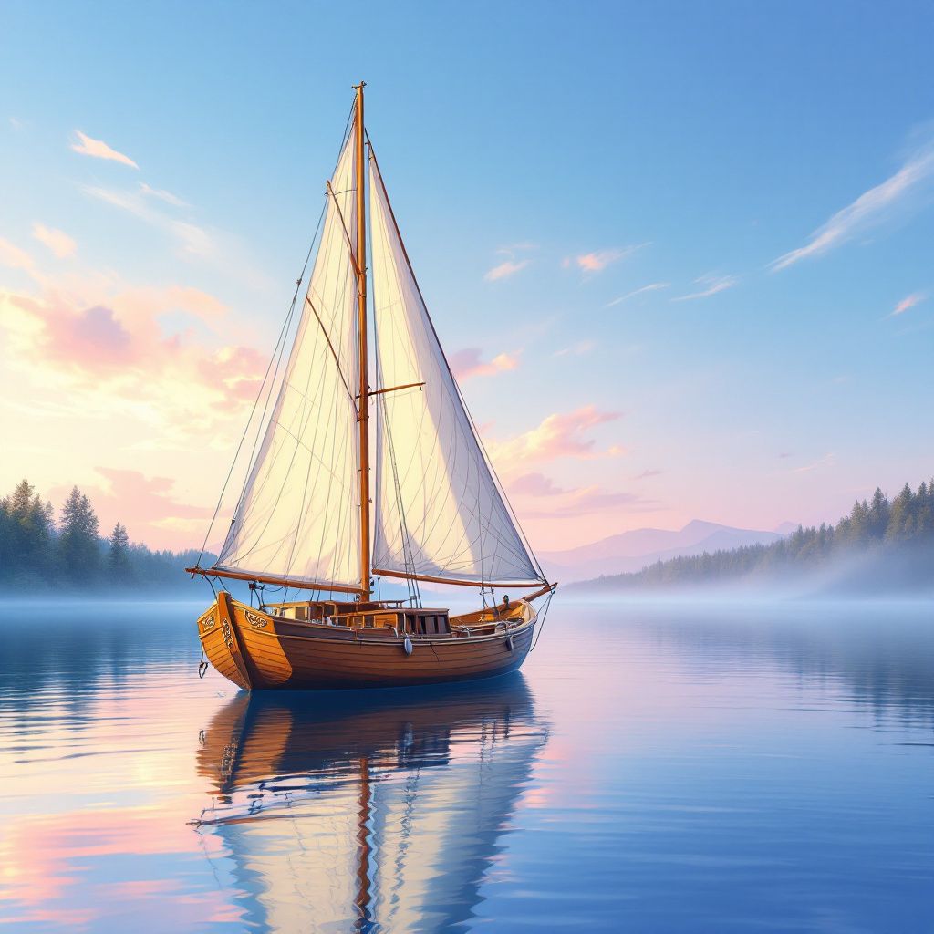 Americana AI Album Cover — Classic wooden sailboat on calm waters during sunrise, dreamlike serene composition, pastel pink and blue palette, highly detailed, photorealistic, professional album cover.