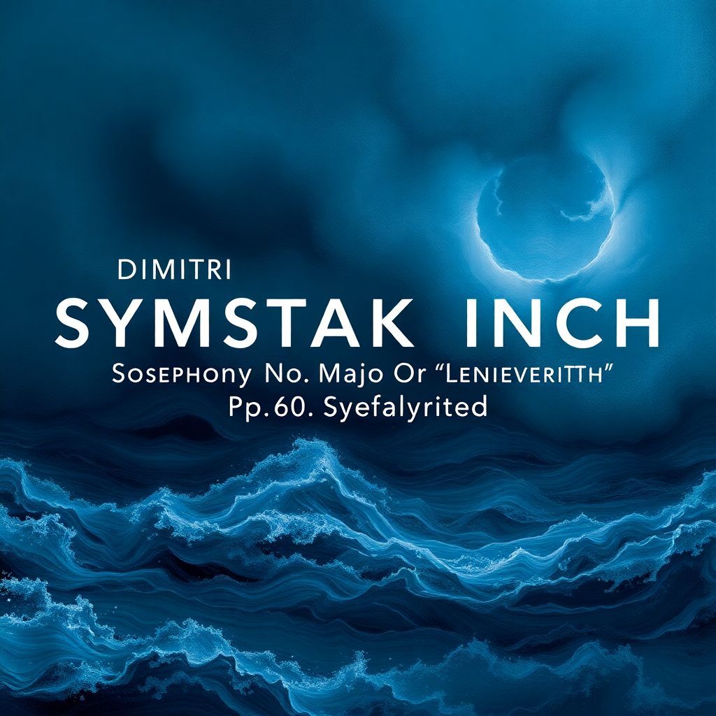 Classical AI Album Cover — A majestic album cover for Dmitri Shostakovich's 'Symphony No. 7', featuring an abstract representation of a stormy landscape symbolizing resilience; vibrant blues and deep grays with swirling textures; orchestral elements subtly integrated into the design, clear text 'Dmitri Shostakovich: Symphony No. 7 in C Major, Op. 60 "Leningrad"' prominently displayed, alongside 'Rosenheim Sinfonietta, conducted by Dwayne Cordes'; moody and atmospheric lighting, 8k resolution, highly detailed.