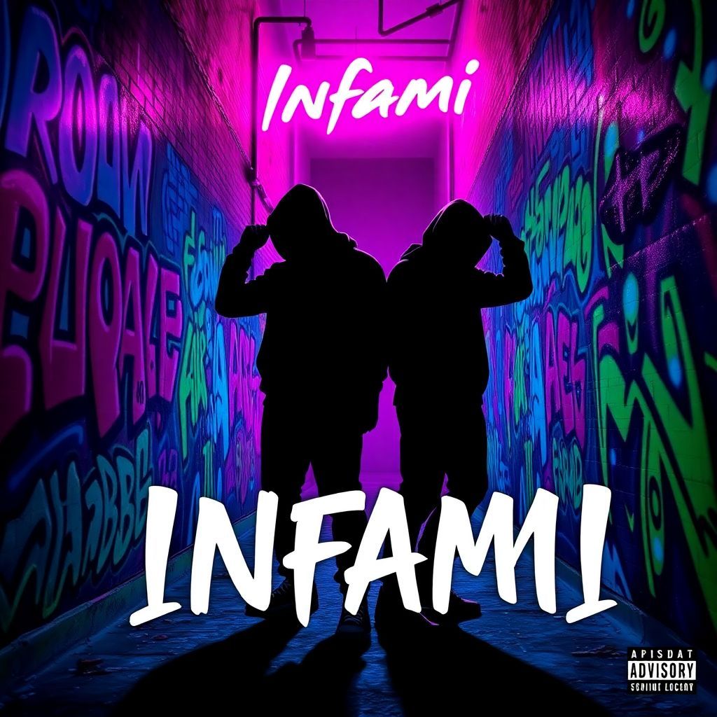 Rap AI Album Cover — A vibrant rap album cover titled "Infami" featuring two shadowy, stylized figures in a graffiti-filled alley, bright neon colors illuminating the scene, urban street art influences, energetic and dynamic poses, moody atmospheric lighting, highly detailed, 8k resolution, edgy and contemporary design