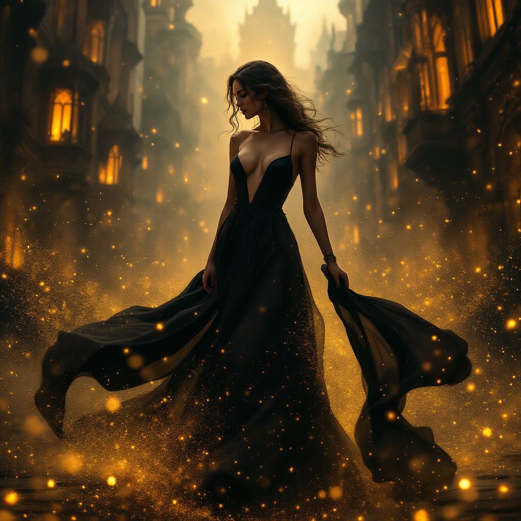 Rock AI Album Cover — A mesmerizing rock album cover featuring a strong female figure, Ariella, wearing elegant black attire amidst swirling dust and sparkling lights, with a mystical cityscape of Budapest in the background; vibrant colors with gold accents, moody atmosphere with dramatic lighting, highly detailed, 8k resolution, cinematic flair