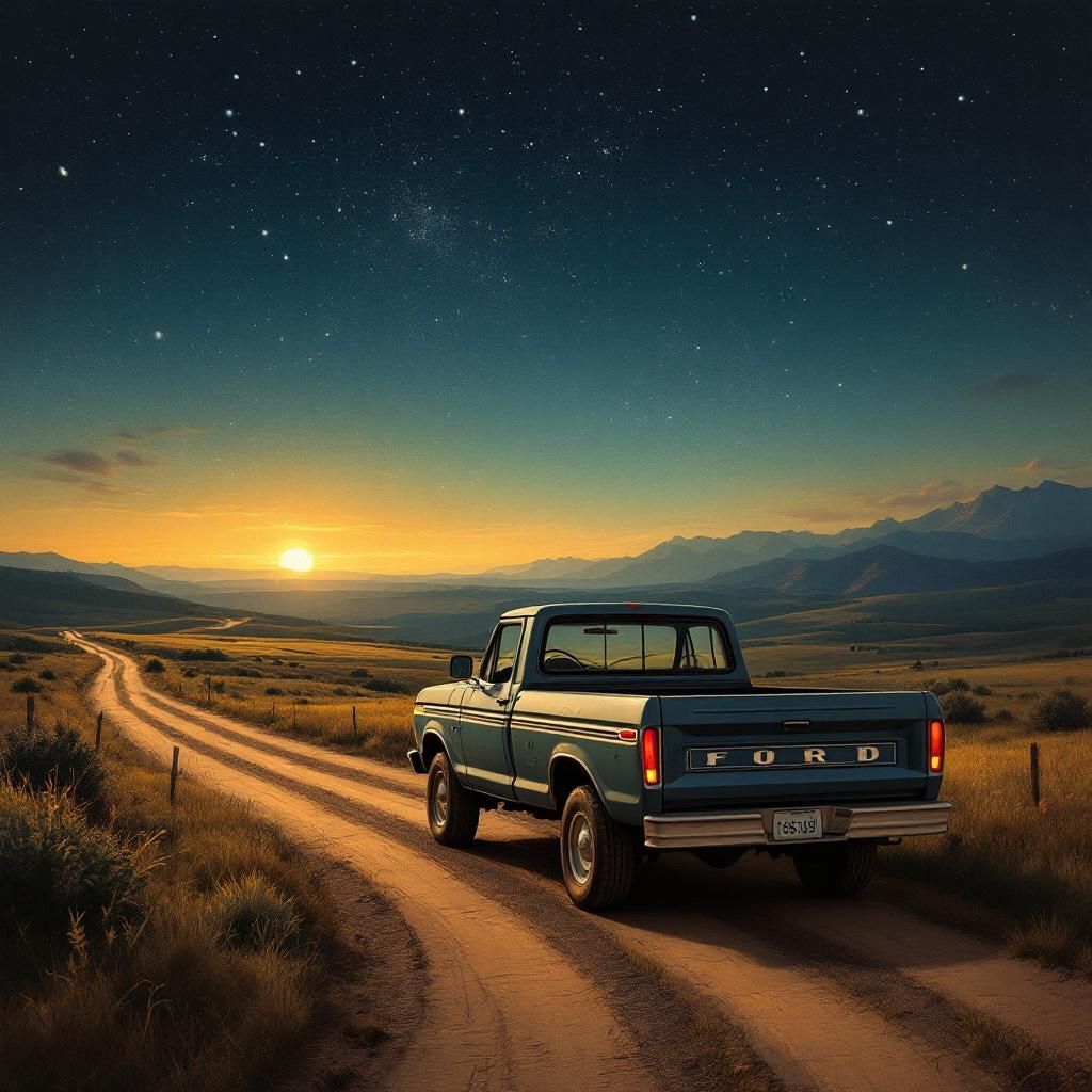 Country AI Album Cover — A nostalgic country album cover featuring a pickup truck parked on a winding dirt road under a starry night sky; warm color palette with blues and yellows, soft moonlight illuminating the scene, highly detailed, professional quality, capturing the essence of friendship and freedom in a serene countryside setting