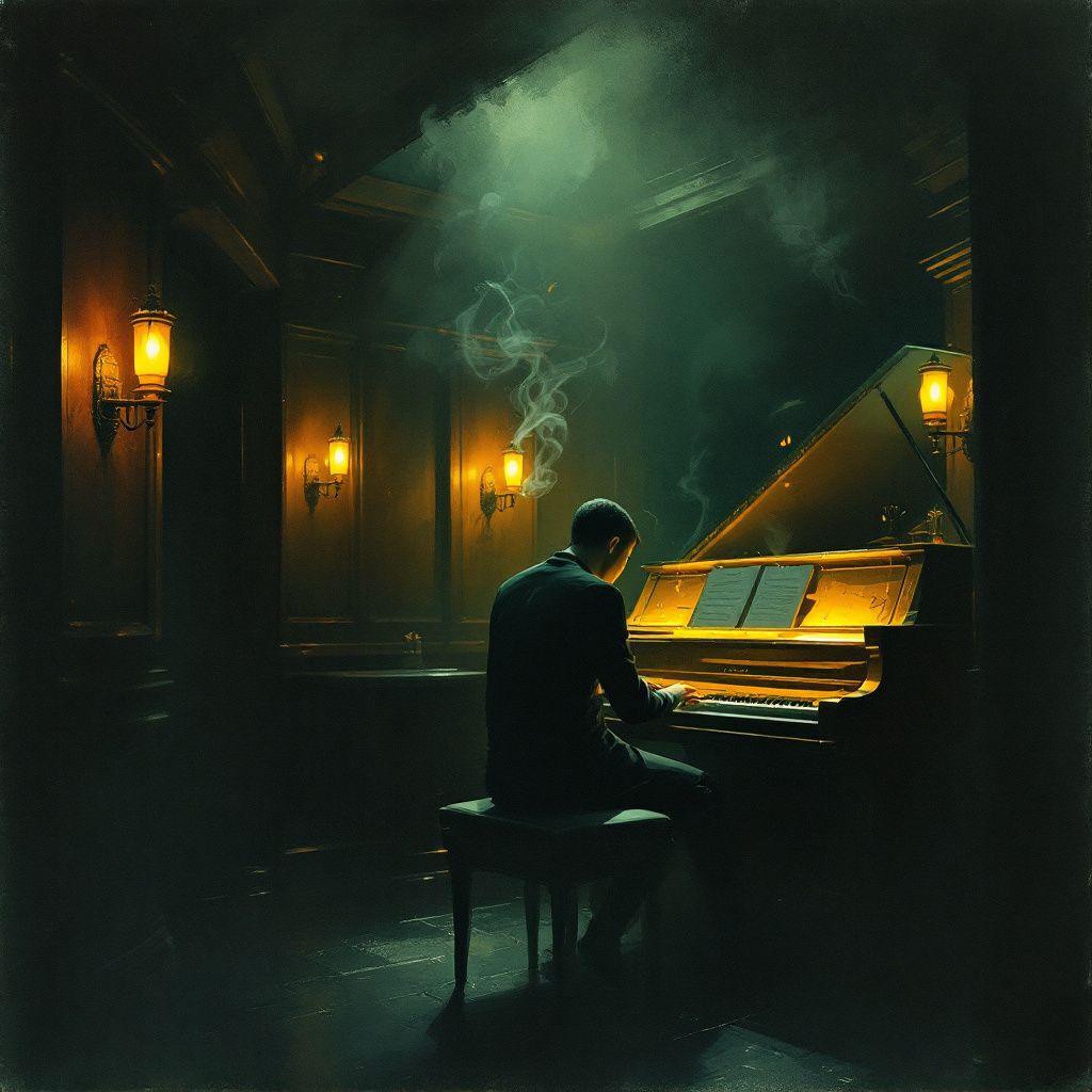 Jazz AI Album Cover — Moody jazz bar scene with soft piano, subdued lighting, dark wooden textures, abstract and dreamy style, mainly deep greens and browns, high quality, intimate feel