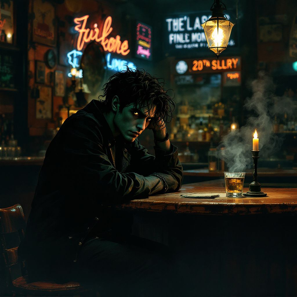 Grunge AI Album Cover — A pensive figure at a bar, dim and smoky atmosphere, grunge with a dash of surrealism, subdued greens and grays, sharp shadows, photorealistic, 8k detail