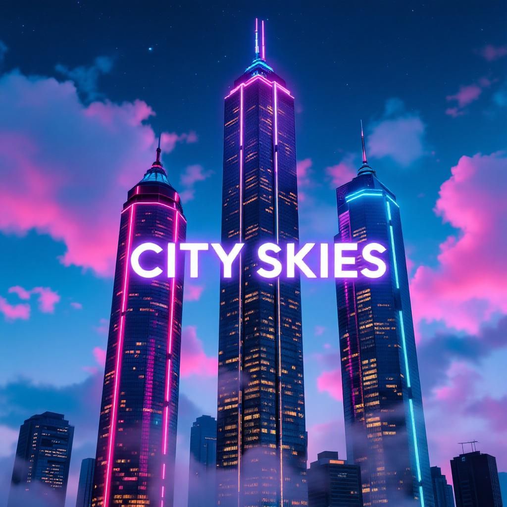 Electronic AI Album Cover — A vibrant album cover for 'City Skies' featuring three neon skyscrapers in varying heights, with the tallest in the center. The title 'CITY SKIES' in white partially obscured by the buildings, set against a dreamy pink and blue cotton candy sky, high detail, cinematic lighting, modern EDM aesthetic, 8k resolution